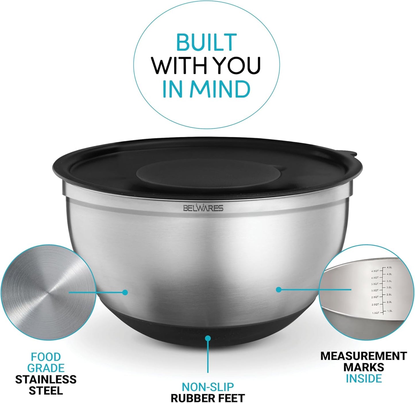 Belwares Mixing Bowls with Lids Set - Nesting Bowls with Graters, Handle, Pour Spout, Airtight Lids - Stainless Steel Non-Slip Mixing Bowl for Cooking, Baking, Prepping, Food Storage (Set of 3)