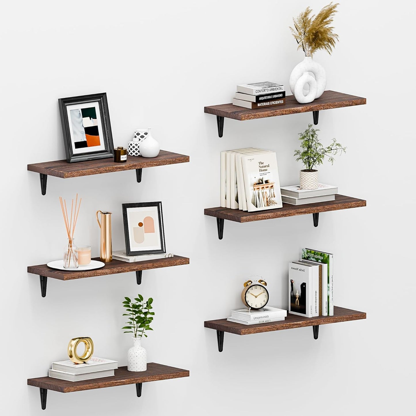 SKYSEN Floating Shelves for Wall Set of 6, 15.7in Wood Wall Shelf for Decor, Bathroom, Bedroom, Storage, Book,Kitchen, Living Room - Dark Brown(fs-40-d)