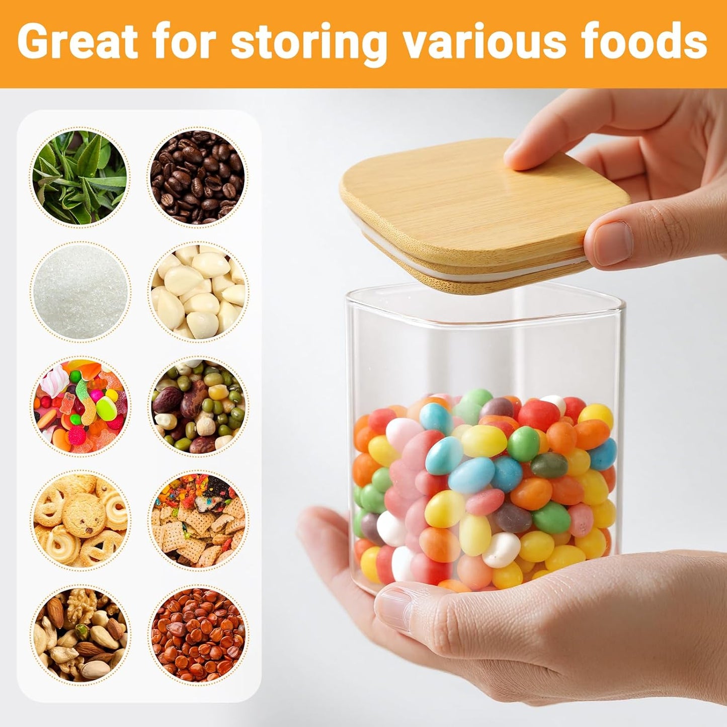 Glass Jars with Bamboo Lids, 15 Fl.oz Glass Storage Jars with Airtight Lids Set of 4, Clear Pantry Containers for Spice, Sugar, Coffee, Tea, Nuts, Beans - Included Labels, Marker and Spoon