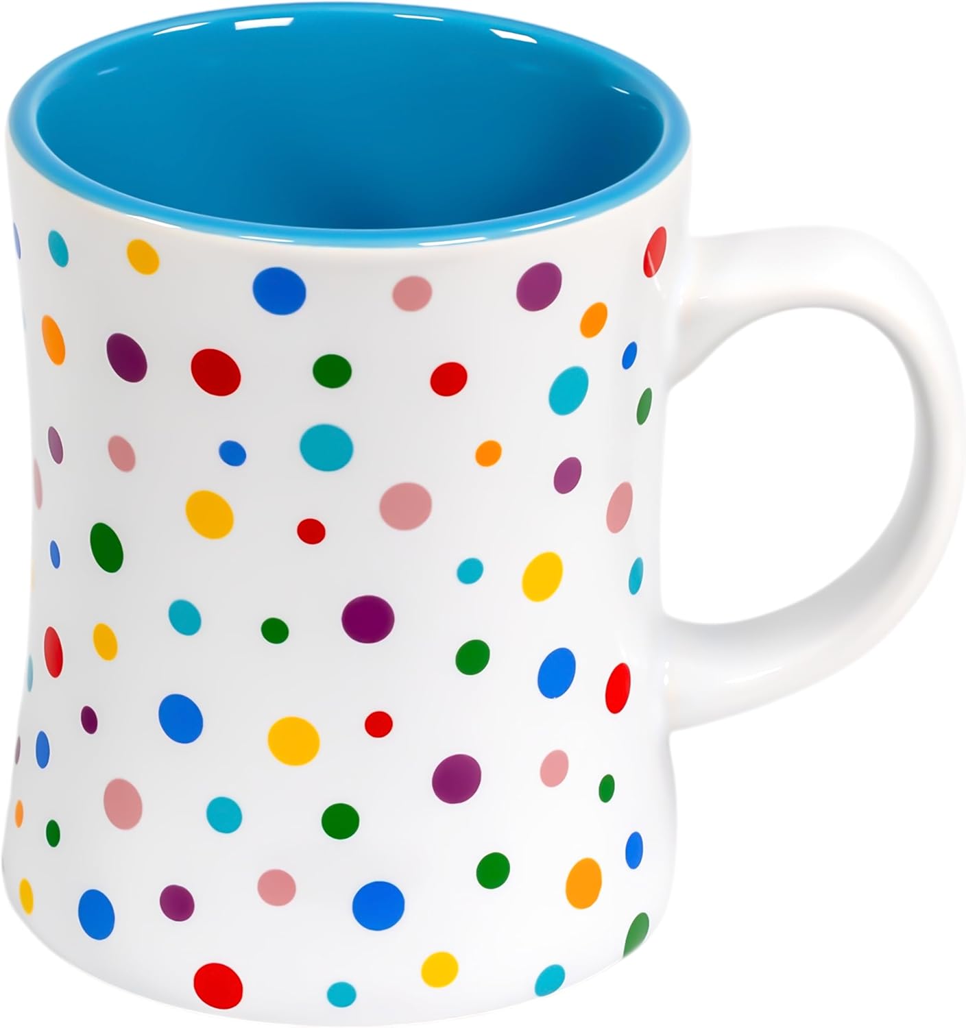 Denim Blue Cute Coffee Mug with Confetti Polka Dot Rainbow Sprinkles | Birthday Cake Coffee Cup Gift |Fun Colorful Pattern | Large White Ceramic Cup with Green, Yellow, Red, Pink, and Blue Sprinkles