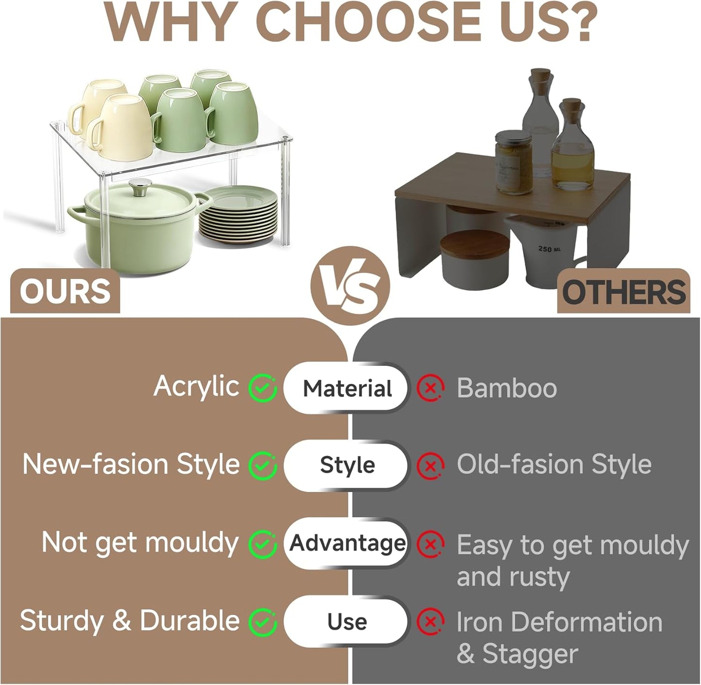 Clear Kitchen Cabinet Organizer, Set of 2 Stackable Spice Rack, Acrylic Shelves for Pantry Organizers and Storage, Tiered Spice Organization for Cabinet, Shelf Organizer for Desk Countertop