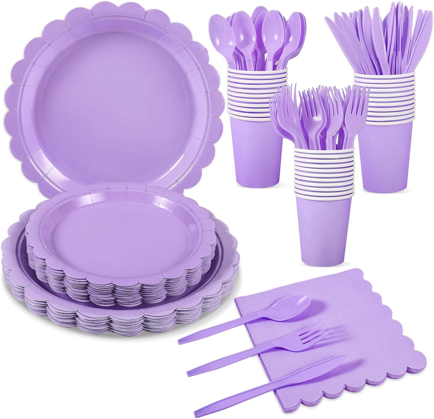 175 Pcs Lavender Paper Plates and Napkins, Light Purple Party Supplies Include Scalloped Lavender Plates Napkin Cup Plastic Cutlery for Garden Party, Baby Shower, Wedding, Birthday