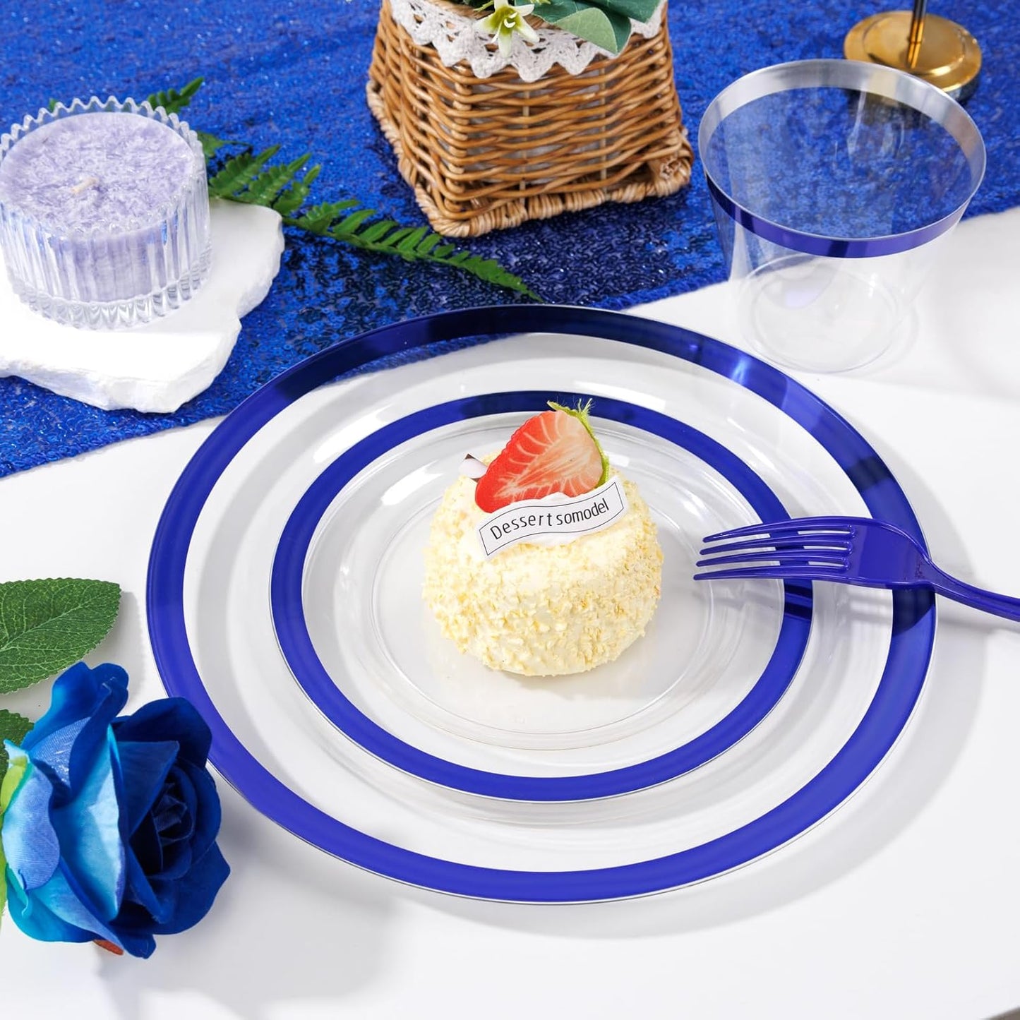 Liacere 350PCS Blue Plastic Plates - Clear with Blue Trim for 50Guests Dinnerware Include 100 Clear Plates disposable 150 Silverware 50Napkins for Wedding＆Back to School＆Labor Day