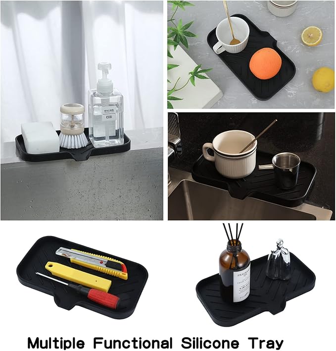 Silicone Bathroom Soap Dishes with Drain Spout-Bathroom and Kitchen Sink Organizer,Sponge Holder,Dish Soap Tray,Perfect for Dispenser,Scrubber,Bottle,Cup on Sink or Counter-Black 9.6"×5.3"