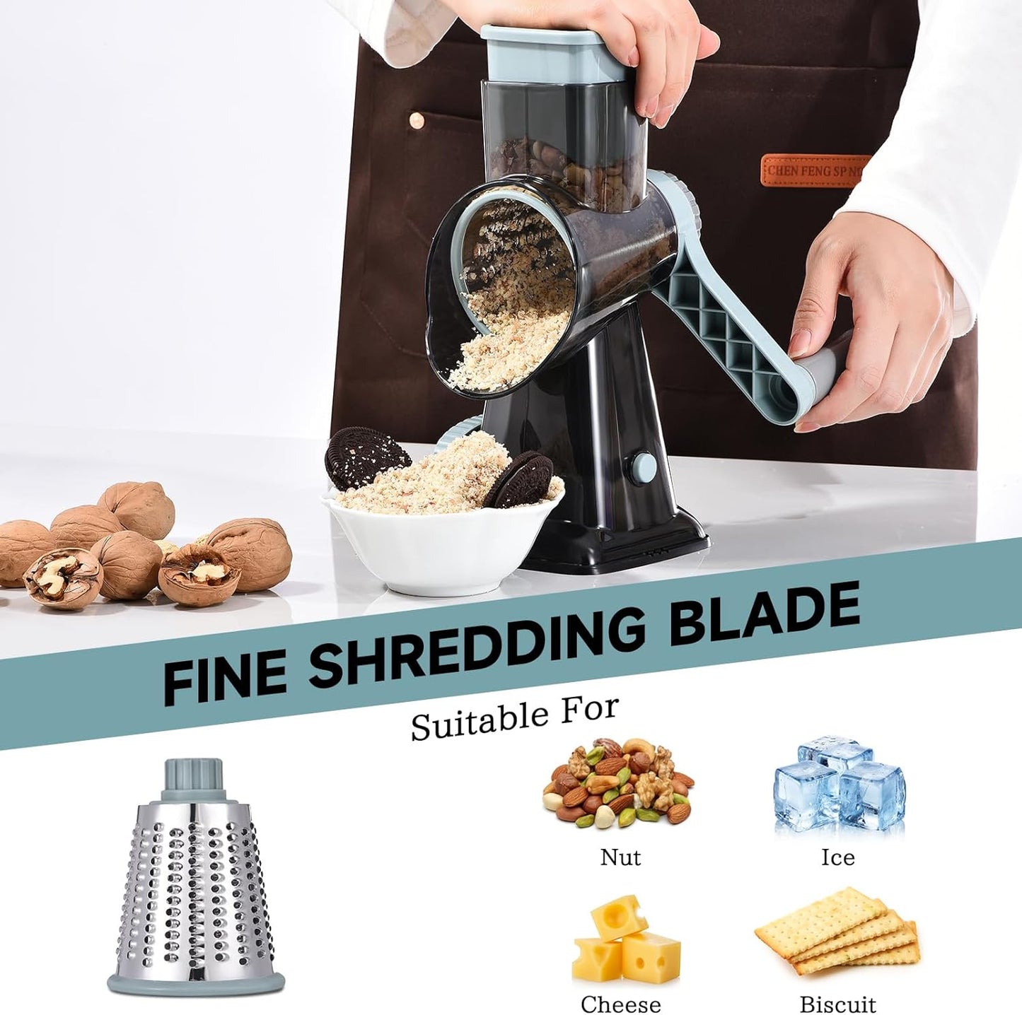 Rotary Cheese Grater with Handle Kitchen Shredder Slicer Grater Slicer Ice Shaver Cheese Vegetable Nuts Potato Zucchini Chocolate 3 Interchangeable Blades