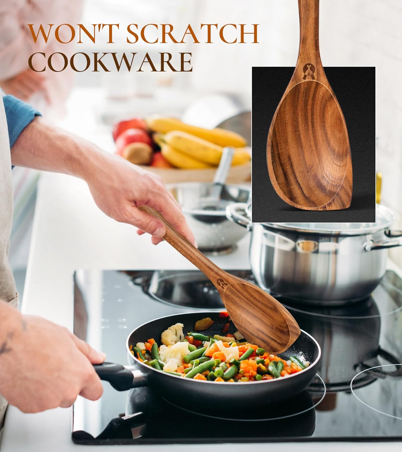 Wooden Spoons for Cooking, Natural Premium Teak Wood Corner Spoon, Good Grip Large Wooden Spoons & Wooden Spatula, Heat Resistant Wooden Cooking Utensils for Nonstick Cookware Cooking Gift - Left Hand