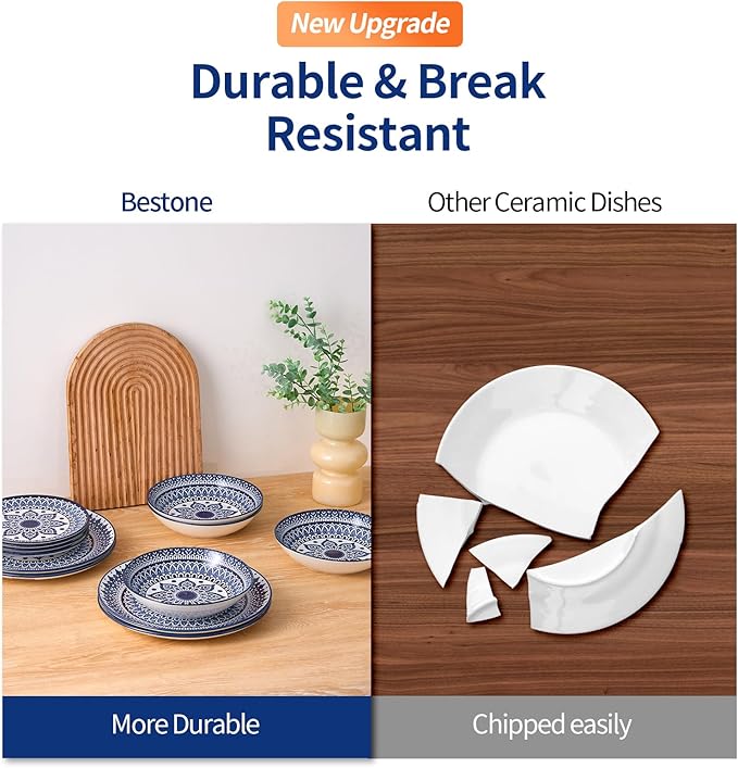 Bestone Porcelain Dinnerware Sets Service for 4, 12 pcs Hand drawn Plates and Bowls Sets, Handmade Ceramic Dish Set, Chip Resistant Modern Plate Set, Dishwasher/Microwave Safe，Vintage Blue