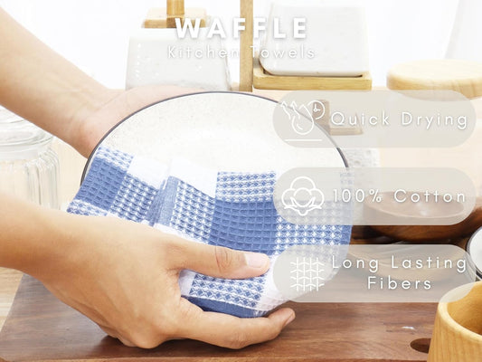 PurpleEssences 100% Cotton Waffle Weave Check Plaid Kitchen Towels, Super Soft and Absorbent Dish Towels for Drying Dishes 15 x 25-6 Pack - Fall Thanksgiving- Smoky Grey and White