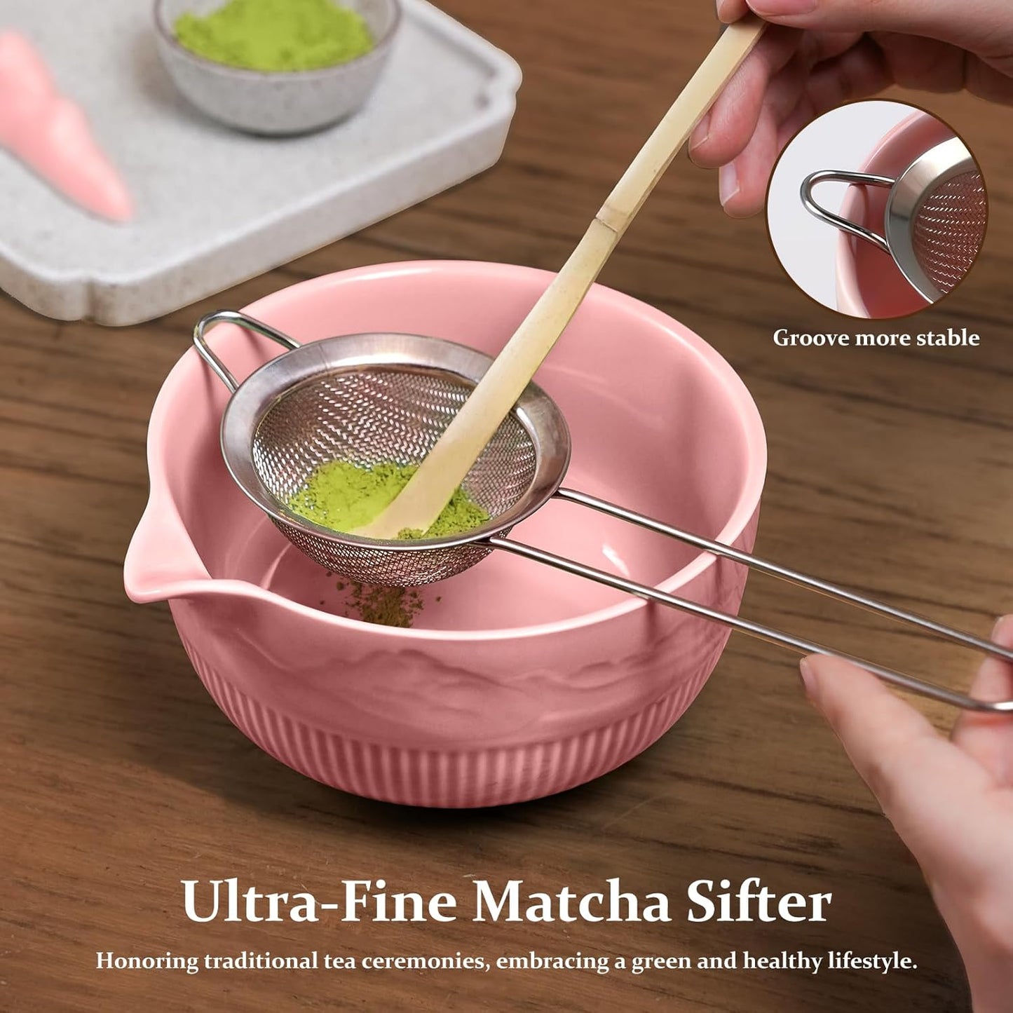 7PCs Pink Matcha Whisk Set Traditional Japanese Matcha Kit with Whisk and Bowl Matcha Making Accessories Bamboo Chasen Tea Spoon Holder Sifter Tea Towel Ceremony Macha Tea Set for Beginners