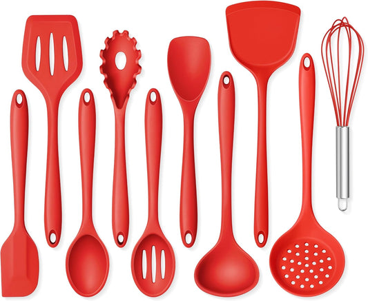 Onader 10 Pieces Cooking Utensils Set, Red Silicone Kitchen Utensils Set for Cooking, Non Toxic & Heat Resistant