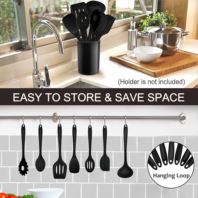 P&P CHEF Silicone Cooking Utensils Set of 7, Heat-proof Kitchen Utensils Set for Nonstick Cookware, Non-stick Spatula, Slotted Turner, Soup Ladle, Pasta Server, Spoon for Cooking Serving - Black