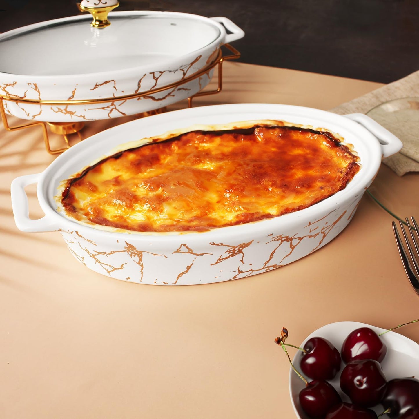 12" x 8" Ceramic Casserole Baking Dish With Glass Cover and with Golden Rack, Lasagna Pan Deep for Oven, 1.7 Quarts Baking Pan with Handles, Oven Safe & Durable Bakeware for Home Decor