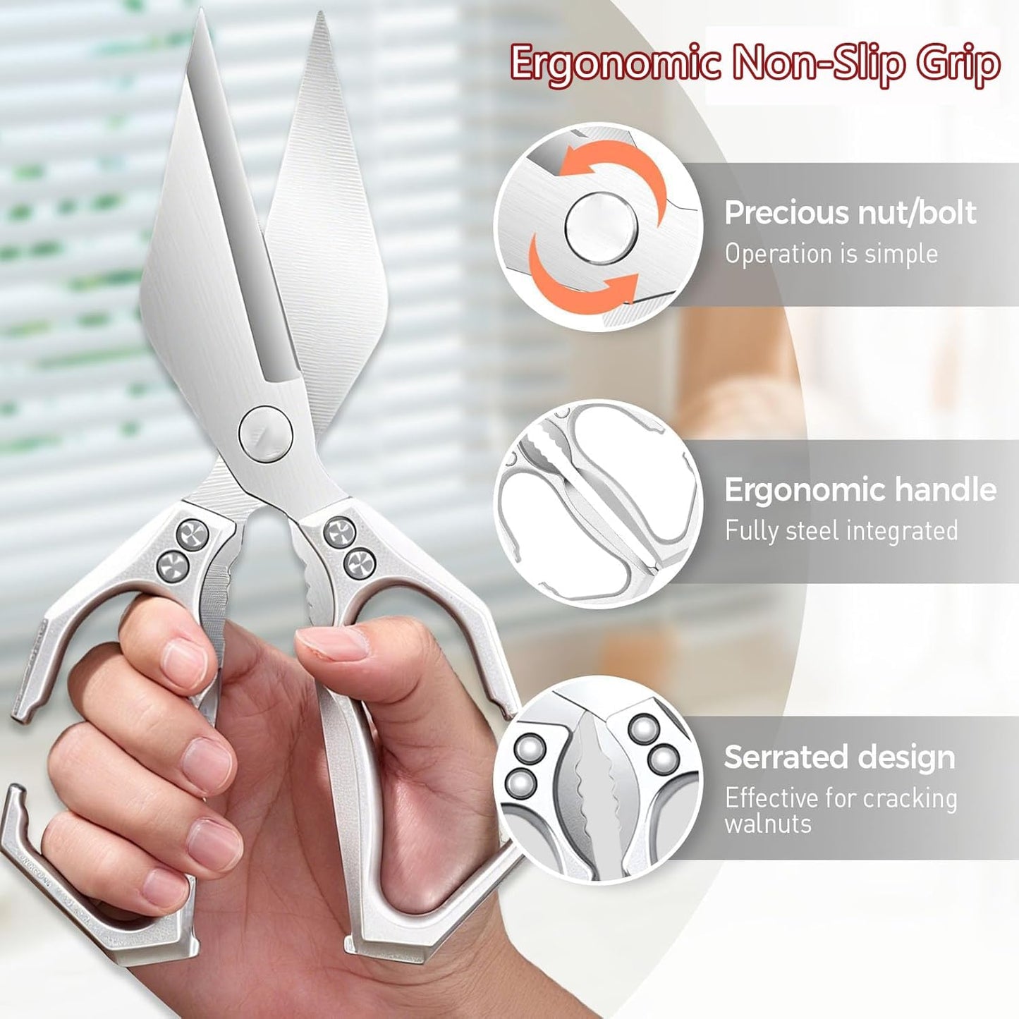 Multifunctional Heavy-Duty Kitchen Shears, Poultry Shears with Ergonomic Handle, High-Carbon Steel Culinary Shears for Chicken, Meat, Seafood, Bone Cutting, Dishwasher Safe (Silver)