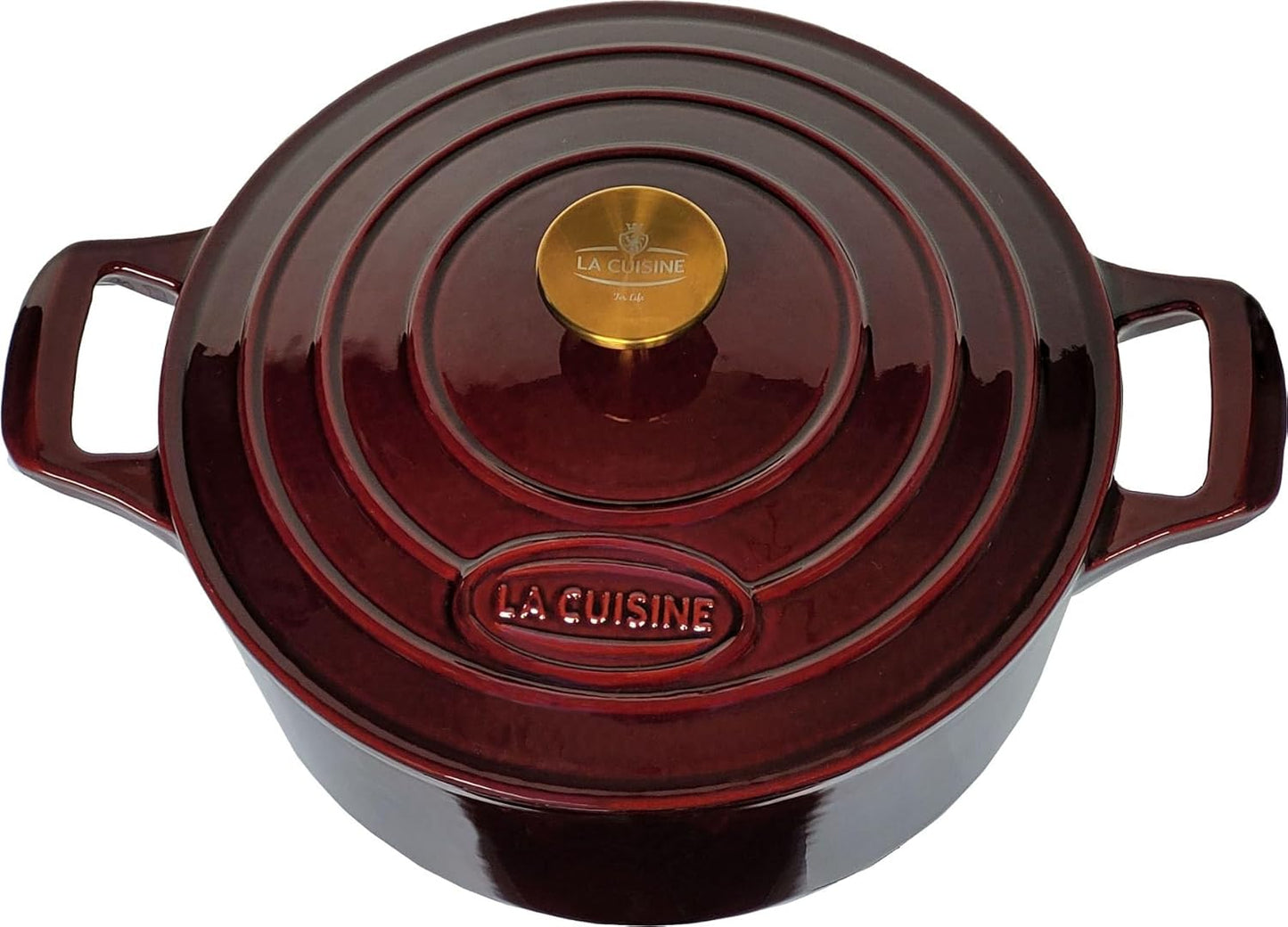 La Cuisine Enameled Cast Iron Dutch Oven Casserole Dish Pot with Lid, 5 QT 10.3“ /26cm Dia. Internal Matte Black Enamel Coating Gold-Plated SS Lid Handle Oven Safe up to 500° F, Cranberry