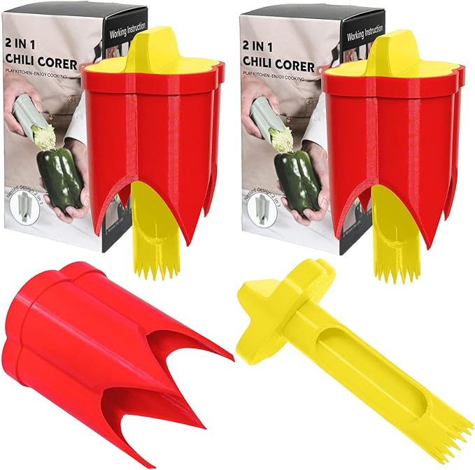Pepper Corer, 2 in 1 Red Bell Pepper Seed Corer Remover Tool, Fruit & Vegetable Corers Quick Cave Tools for Jalapeno Cutter Deseeder, Yellow Red, 2 PCS
