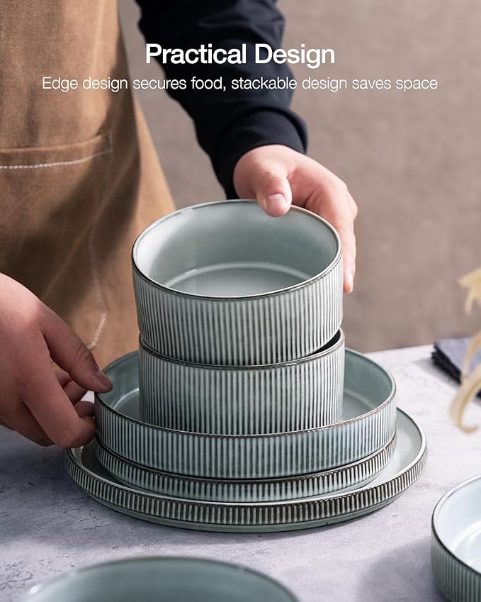 Famiware Star Dinnerware Set with Pasta Bowls, Service for 6 (24 Pieces), Ribbed Stoneware Plates and Double Bowls Sets - Chip & Scratch Resistant, Microwave & Dishwasher Safe Dishes, Smoky Blue