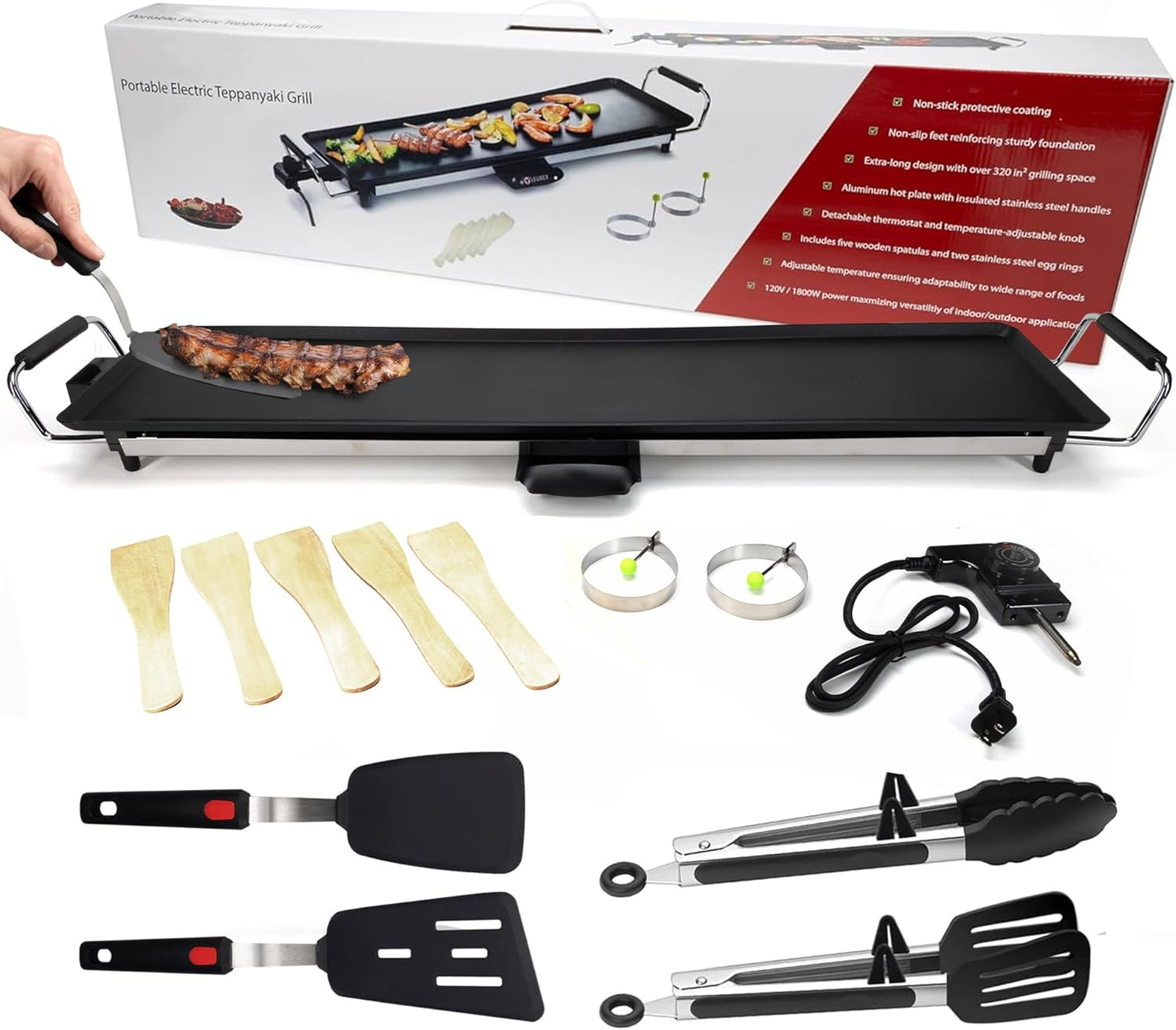 Premium Electric Griddle 36" with Silicone Cooking Utensils Set - Extra Large Portable & Nonstick Electric Grill for Outdoor Use with Adjustable Heating - Smokeless Indoor Grill by IDL Packaging