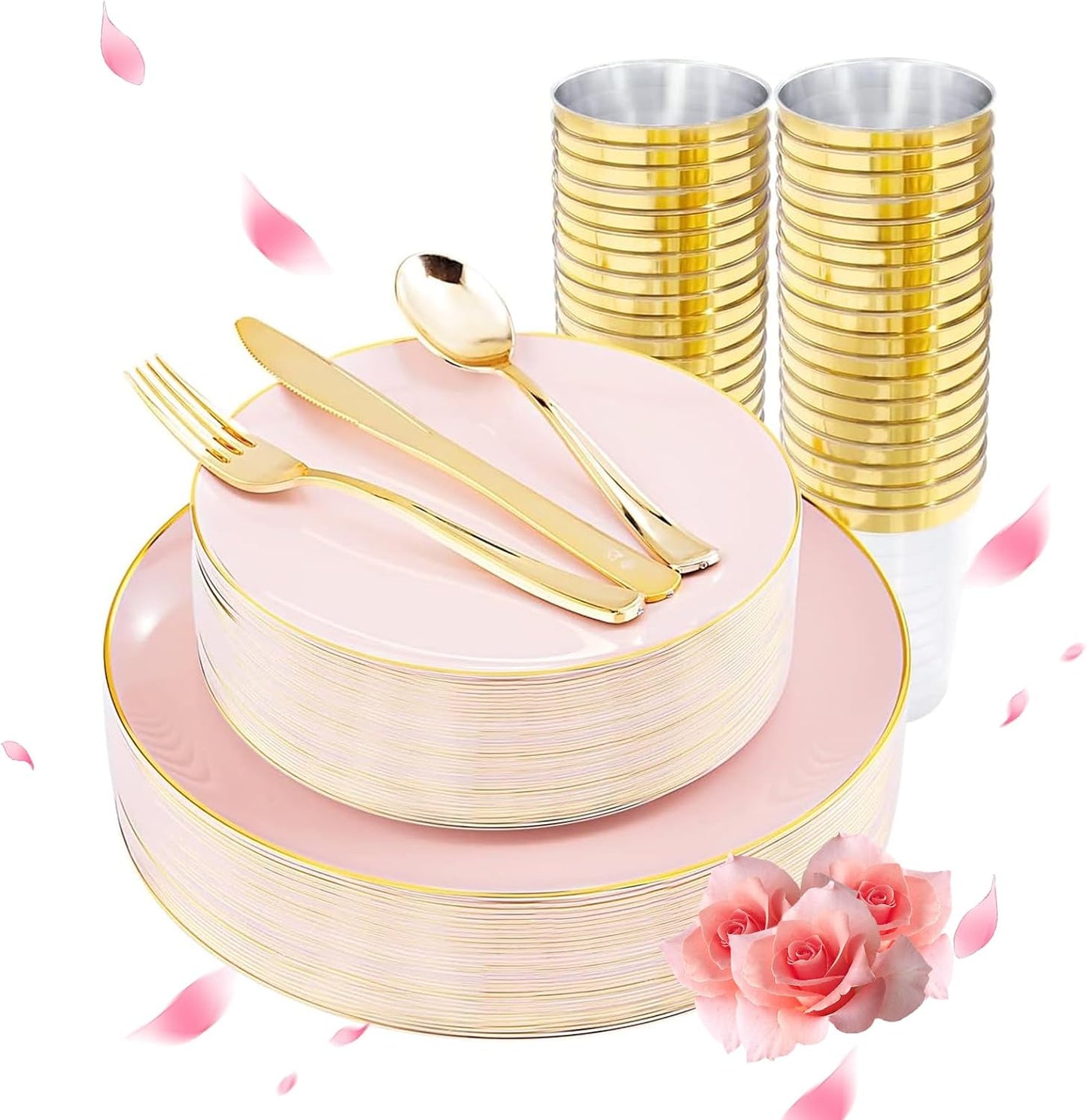 LIYH 180 Pcs Pink Plastic Plates - Disposable Dinnerware Set, Pink Dinner Plate Dessert Plate,Gold Plastic Silverware Cups for Weddings,Birthday Party 30 Guests