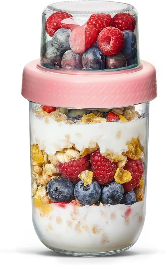 ComSaf 16oz 1PCS Pink Overnight Oats Containers with Lids, Glass Yogurt Parfait Cups for Cereal Nut Fruit, Dual-Layer Chia Pudding Jars with Dry and Wet Separation, Meal Prep, Glass for Salad Oatmeal