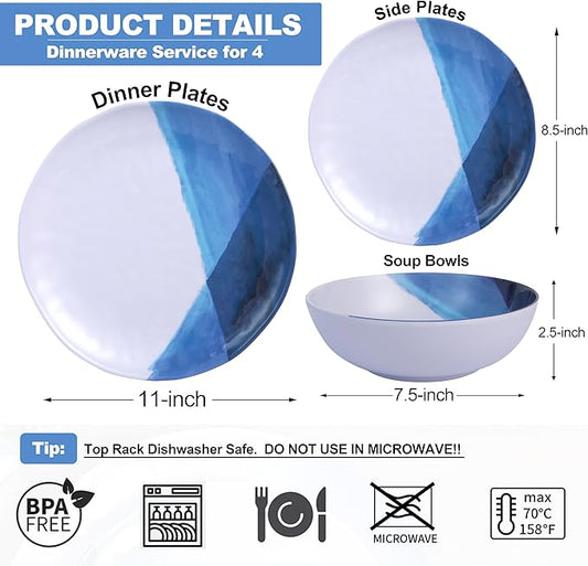 Melamine Plates and Bowls Set - 12pcs Dinnerware Dishes Set for 4, Dinner Plates for Indoor and Outdoor Use, Lightweight Break-resistant, Blue & White
