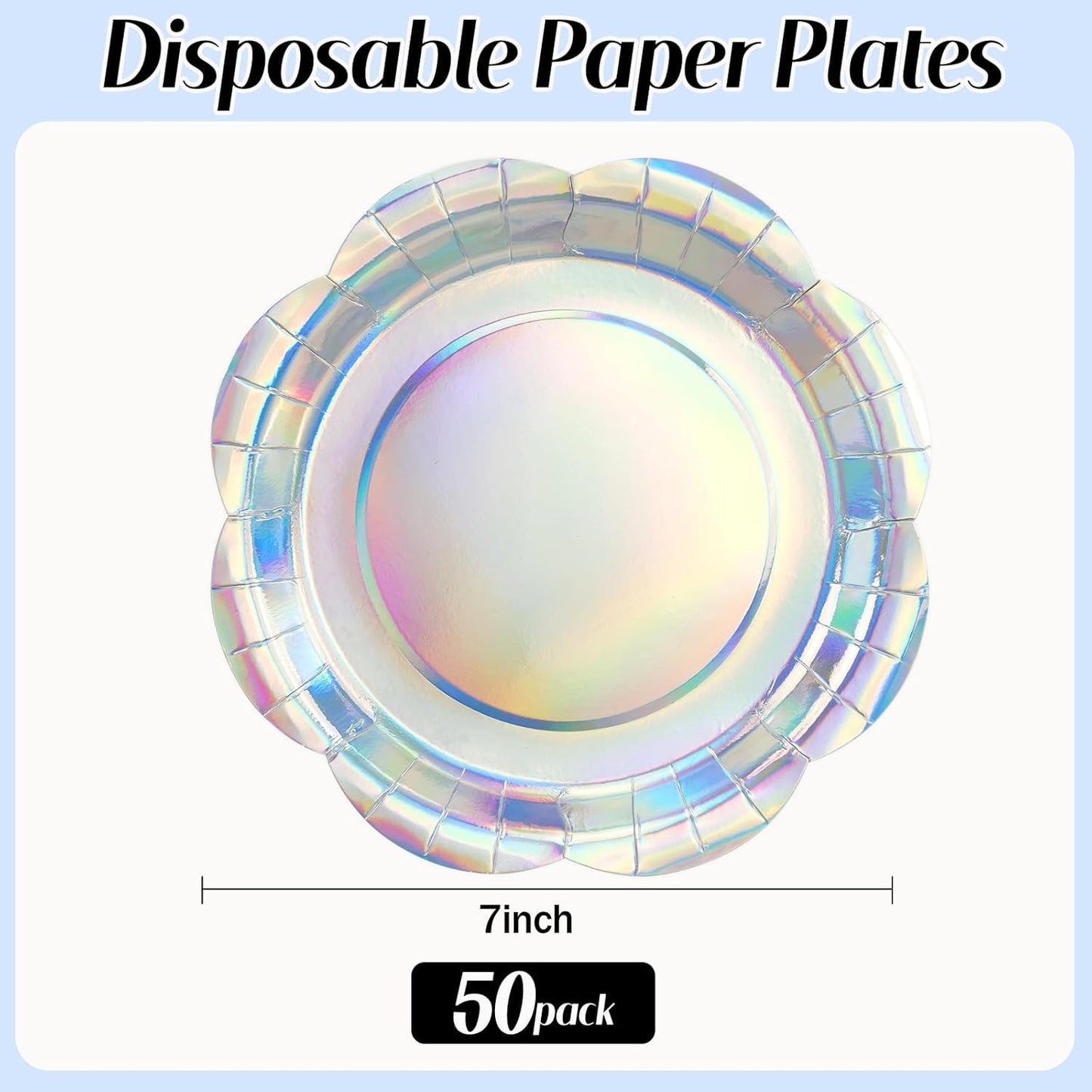 50PCS Iridescent Silver Paper Plates 7 Inch, Disposable Holographic Scalloped Plates Cake Dessert Plate for Mermaid Birthday Wedding Party Supplies (Iridescent Silver, 7 inch)
