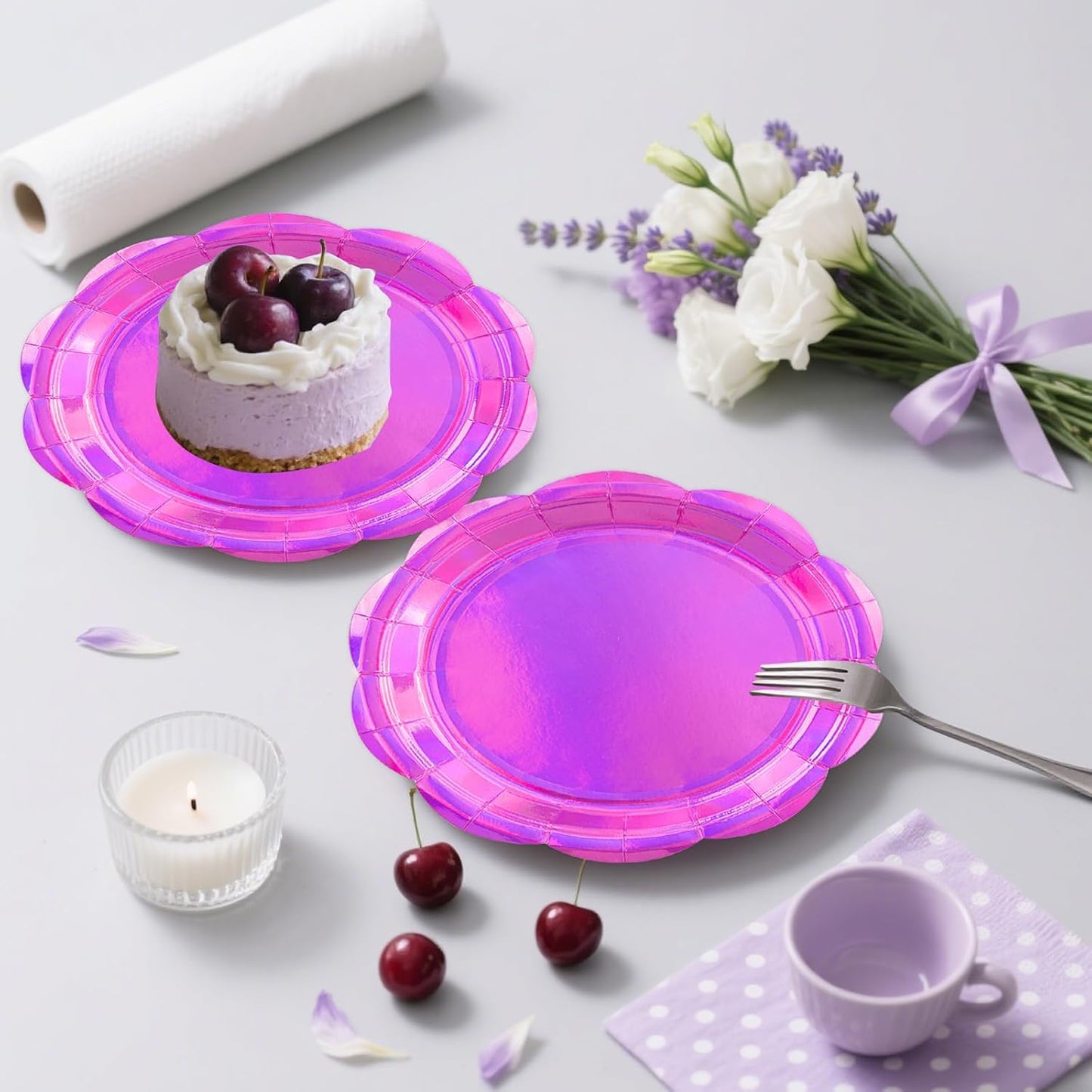 50PCS Iridescent Pink Paper Plates 7 Inch, Disposable Holographic Scalloped Plates Cake Dessert Plate for Mermaid Birthday Wedding Party Supplies (Iridescent Pink, 7 inch)