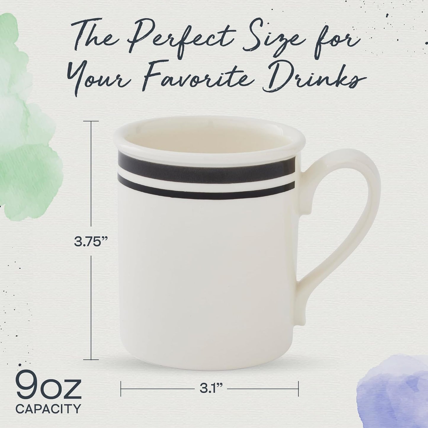 Portmeirion Potter's Stripe Breakfast Mug (Set of 4) - 9oz White Ceramic Mugs with Black Stripe Pattern - Microwave, Dishwasher, Freezer Safe Earthenware Mugs for Tea & Coffee Lovers (Black)