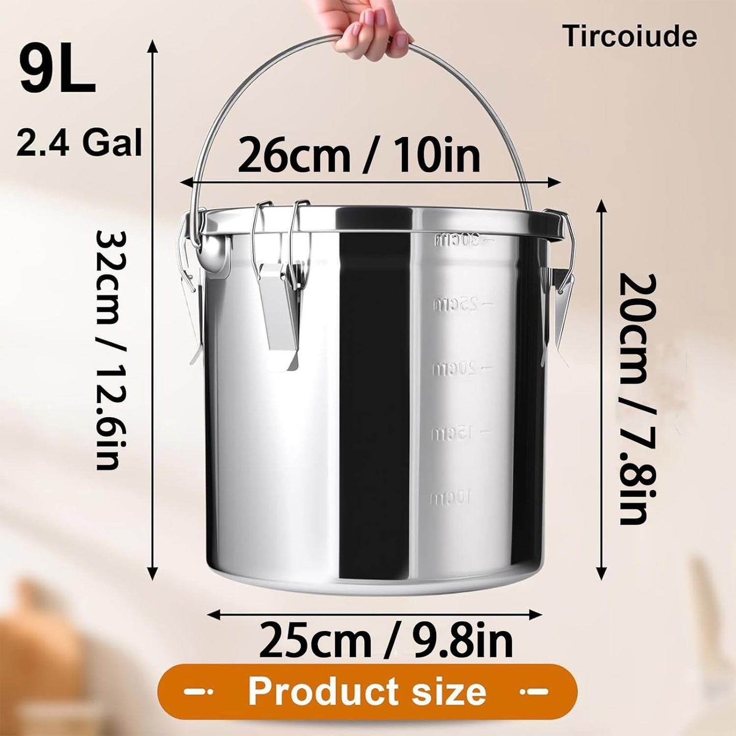 304 Stainless Steel Airtight Canister, 9L/2.4Gal Food Storage Containers with Lids and 4 Lock Clips Rice Cereal Grain, Oil Storage Bucket for Household Kitchen Bar Restaurants (Handheld)