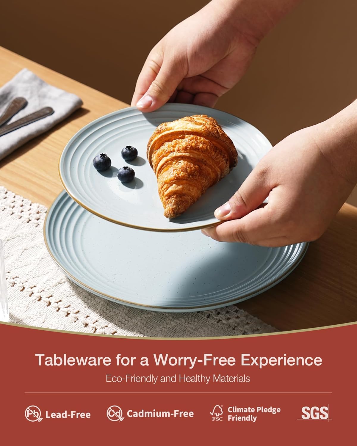 Famiware Jupiter Dinnerware Set, Plates and Bowls Dish Sets for 6 (18 Pieces), Microwave and Dishwasher Safe Stoneware Speckled Tableware, Chip and Scratch Resistant, Light Blue