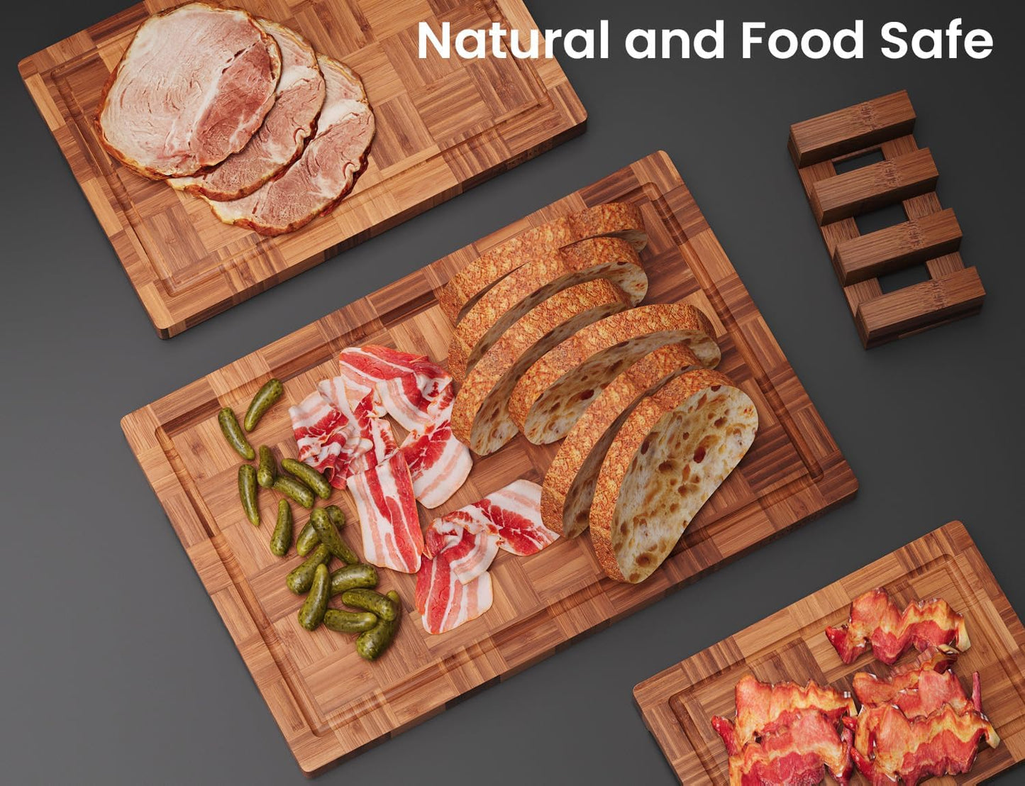 Bamboo Cutting Boards for Kitchen,Chopping Boards Set with Juice Groove,End Grain Bamboo Butcher Block,Serving Board with Holder(3 Pcs)