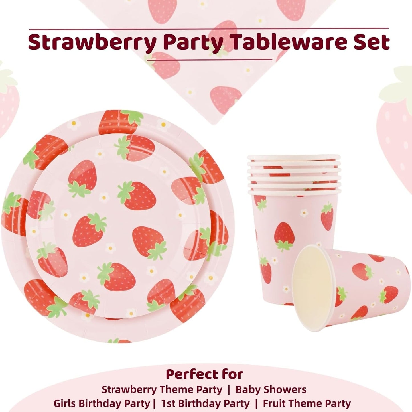 Strawberry Party Tableware Set - 200PCS Birthday Party Supplies Strawberry Disposable Paper Plates Dinnerware Set Dinner Plates Dessert Plates Cups Napkins for 50 Guests Baby Shower Fruit 1st