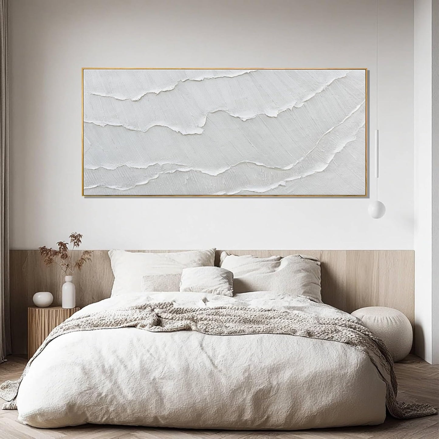 MLART99 White Wave Wall Art Textured Canvas Minimalist Coastal Poster Modern Oversized Painting - 32x70 Inch Extra Large Minimalist Artwork for Living Room Hallway Home Decor