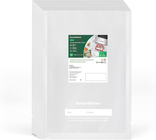 Bonsenkitchen Precut Vacuum Sealer Bags, 100 Gallon 11" x 16" Food Sealer Bags, Food Grade, BPA Free, Heavy Duty, Customized Vacuum Bags for Vac Storage, Meal Prep or Sous Vide Cooking, VB3214