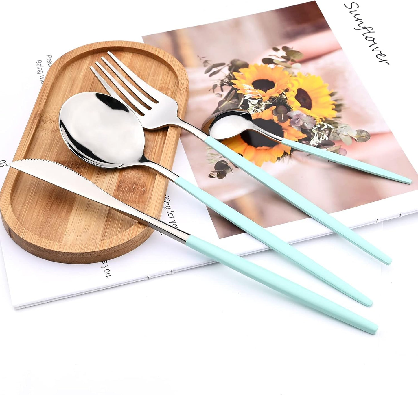 Mirror Cutlery Serving Set, 24-piece 18/0 Stainless Steel Silverware With Mint Green Handle Simple & Modern Tableware For Home Restaurant Dinner, Service For 6 (Mint Green Silver)