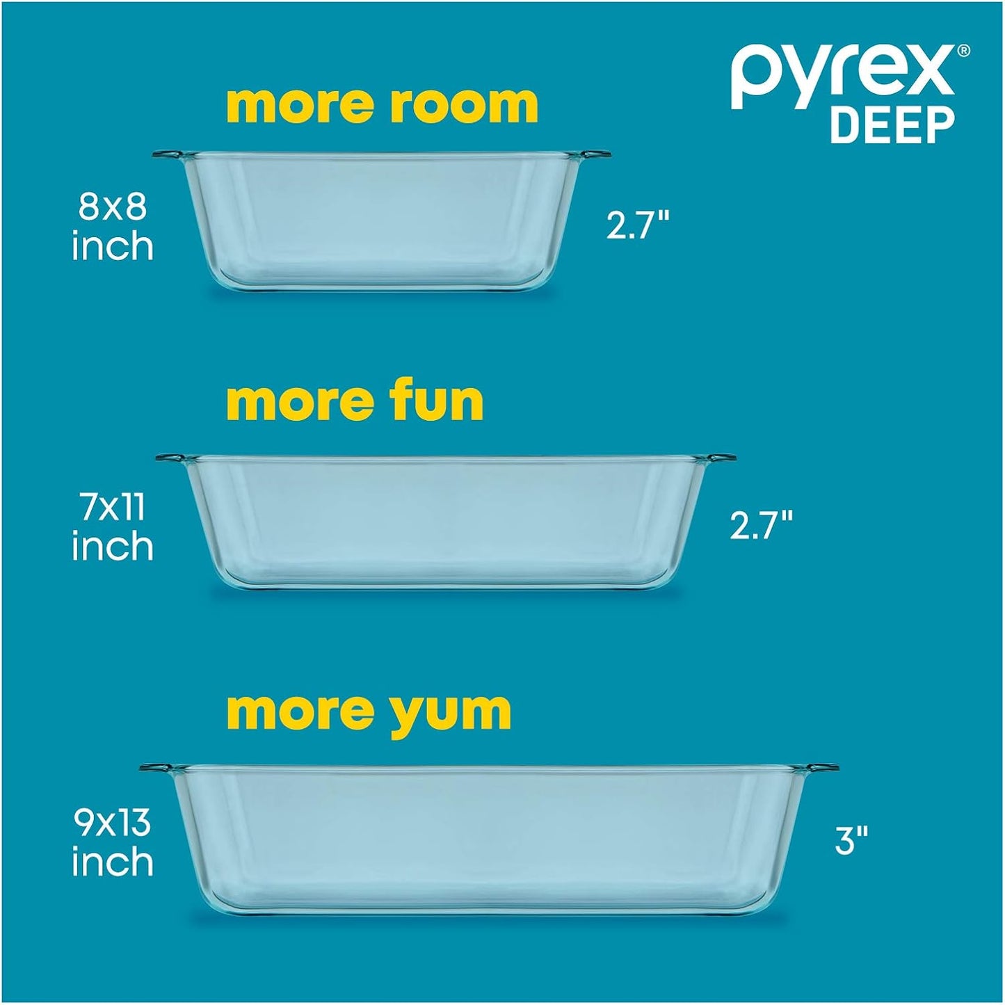 Pyrex Deep 3-Pack Glass Baking Dish Set (9"x13", 7"x11", 8"x8") With BPA-Free Lids, Rectangular Glass Bakeware, Dishwasher, Microwave, Freezer & Pre-Heated Oven Safe