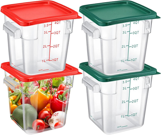 Maxcheck 4 Pcs 4Qt Food Storage Container with Lids Set Square Clear Commercial Containers with Scale and Handle Space Saving for Home Kitchen Restaurant Proof Dough Marinating Meat (Red, Green)