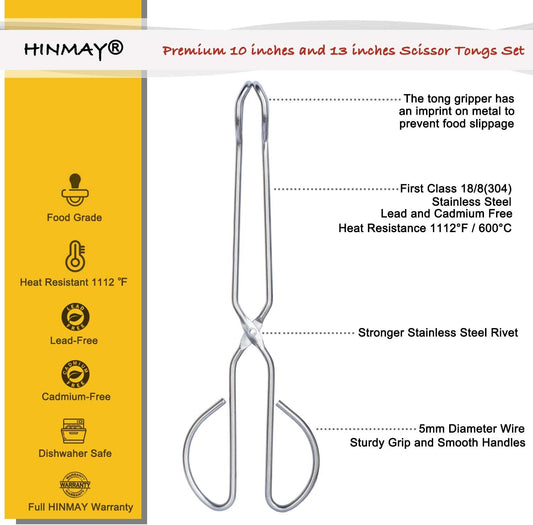 Stainless Steel Kitchen Scissor Tongs Set, 2-Piece (10/13 Inch) for Cooking, Grilling, Serving, and Barbecue