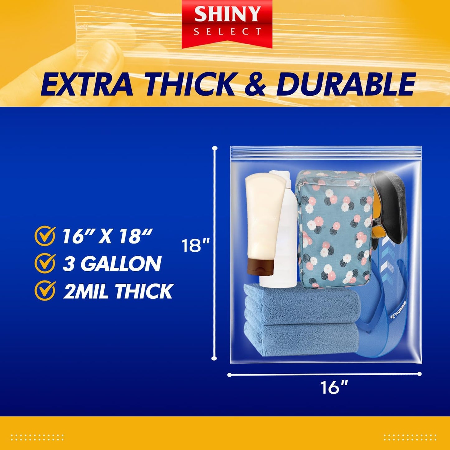 3 Gallon Large Storage Bag, 16”x18”, 50 Count – Big Clear Plastic Resealable Zip & Lock Bag, 2 Mil Heavy Duty for Fruits, Vegetables, Meat Marinate, Office Supplies, Toys, Books, Gears