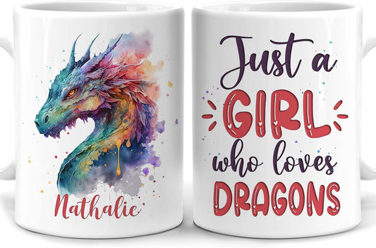 Hyturtle Personalized Gifts Dragon Lover - Just A Girl Who Loves Dragons Custom Name Ceramic Coffee Mug Cup 11oz - Idea Cute Animal Lover Gifts For Women, Girl kid Daughter On Birthday, Christmas
