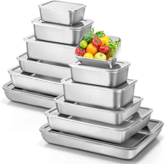 12pcs 6 Sizes Stainless Steel Food Storage Container with Lid Reusable Meal Prep Container Stackable Metal Storage Box Kitchen Tray for Meat Marinating Oven Freezer Leftovers Dishwasher Safe