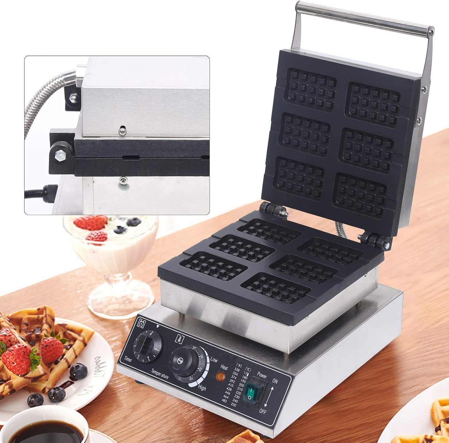 1750W 6 Grids Belgian Waffle Maker Machine with Temp and Time Control 122-572℉, 0-5 Mins, Non-Stick Plates Commercial Waffles Iron w/ 6 Molds, Stainless Steel Electric Waffle Making Machine