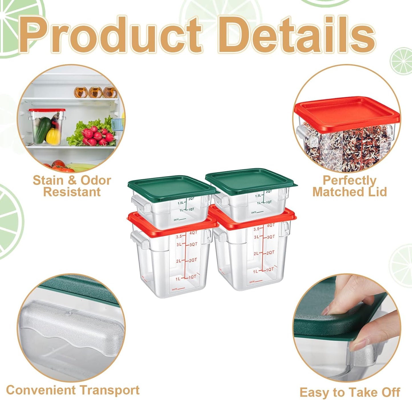 Barydat 4 Pcs Food Storage Container with Lids 2Qt and 4Qt Square Commercial Containers with Scales and Handles Polycarbonate Clear Food Storage for Kitchen Proof Dough Marinating Meat(Red Green)