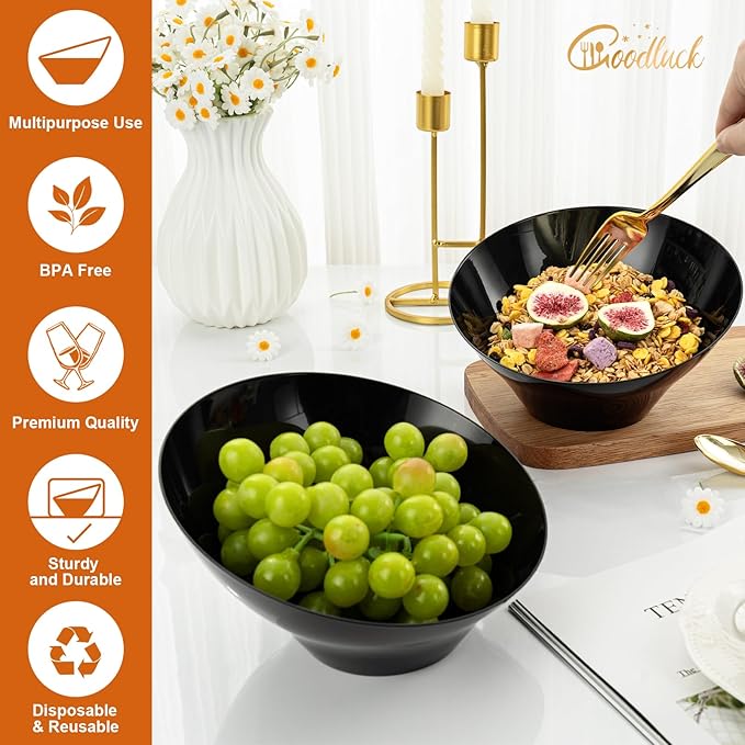 Goodluck 12 Pack Black Plastic Serving Bowls for Party - 20 OZ Angled Disposable Serving Bowls for Wedding Party Chip, Candy, Salad & Fruit
