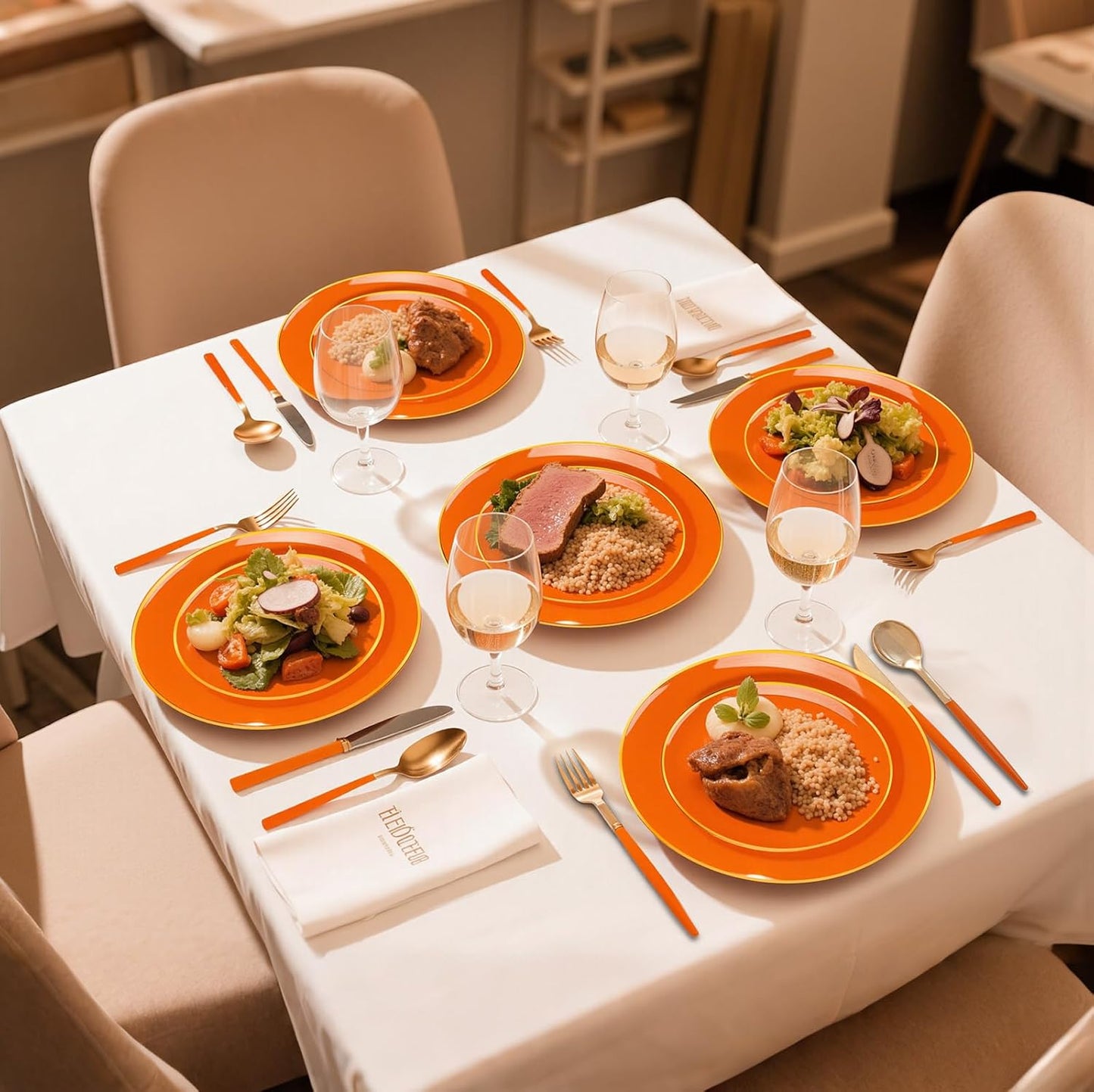 DaYammi 150Pcs Orange Plastic Plates & Gold Cutlery with Orange Handle,Thanksgiving Disposable Plates Set Include 30 Dinner Plate, 30 Dessert Plate,30 Knives,30 Forks,30 Spoons for Thanksgiving Party