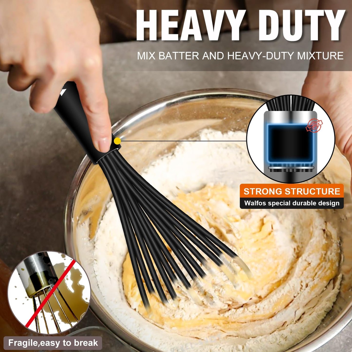 Silicone Whisks set with 7+5in mini stainless steel whisk, Non Scratch Coated 7+9+11in Whisks for Nonstick Cookware,Premium for Blending, Whisking, Beating, Frothing & Stirring