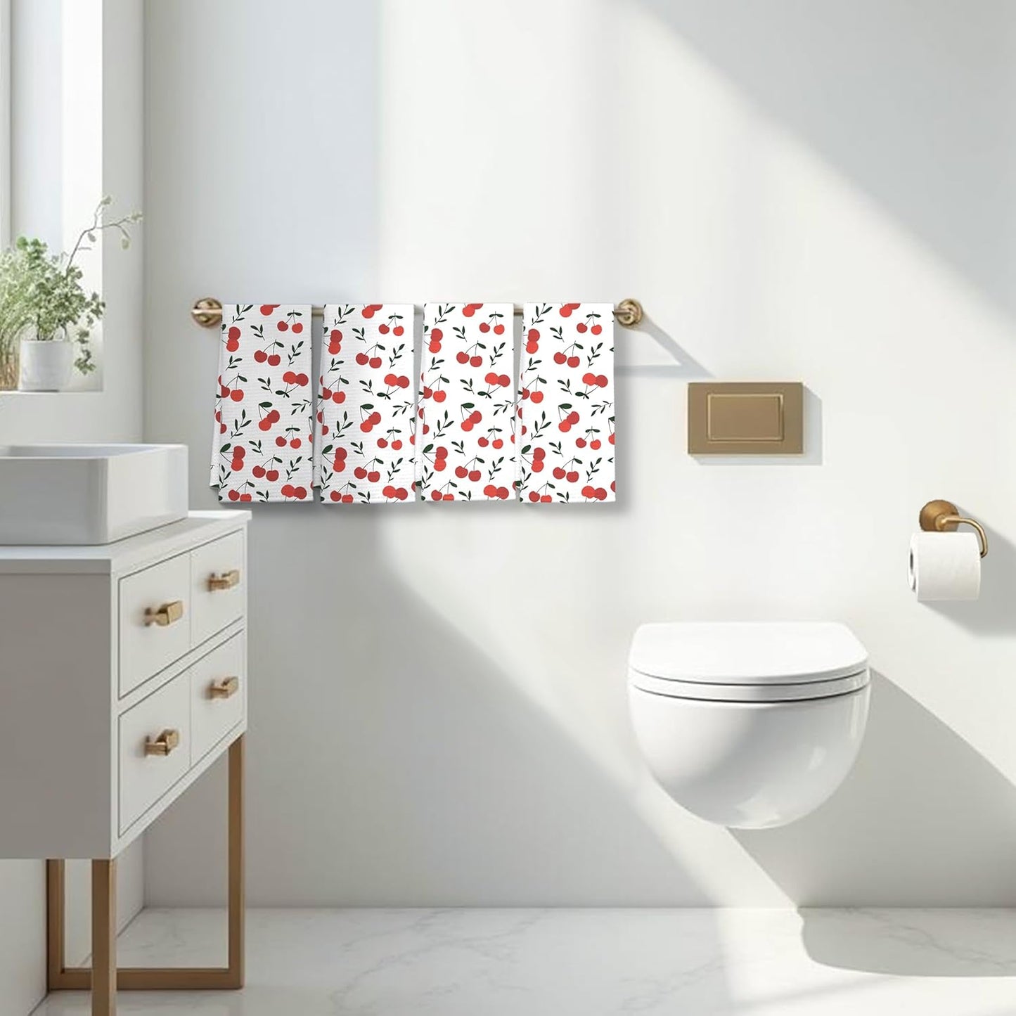 Cherry Decor Kitchen Towels Set of 4, Cherry Hand Towels Dish Towels for Kitchen Bathroom Decor, Fruit Lover Gifts, 16x24 Inches