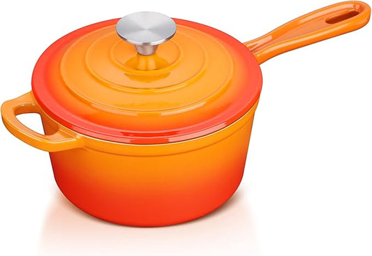 Enameled Cast Iron Sauce Pan with Lid, Leonyo 1 Quart Saucepan with Lid, Small Cast Iron Dutch Oven Kitchen Cookware Pot for All Cooktops Making Pasta, Soup, Milk - Up to 500°F & 4.4Lbs, Orange