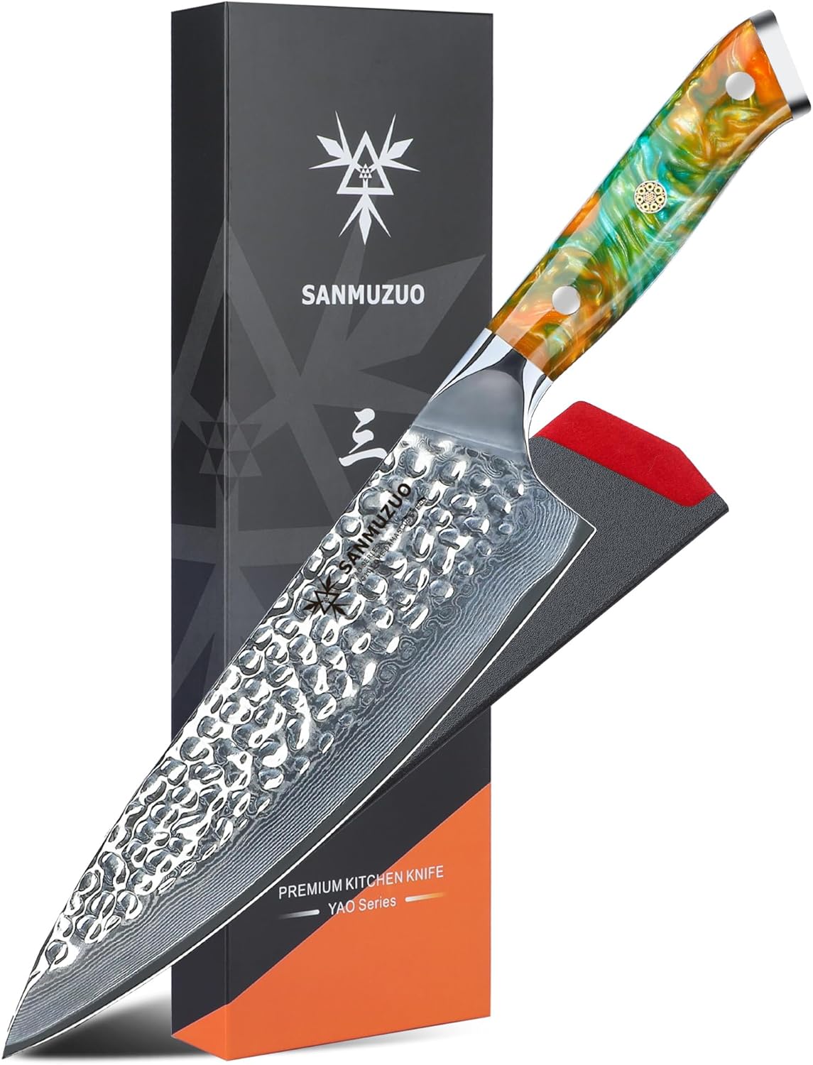 8" Chef Knife - Professional Kitchen Knife - Hammered Damascus Steel & Resin Handle - YAO Series