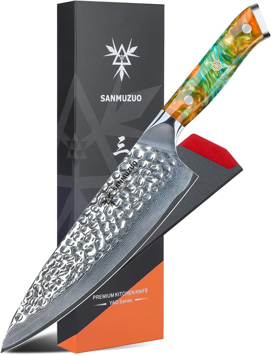 8" Chef Knife - Professional Kitchen Knife - Hammered Damascus Steel & Resin Handle - YAO Series