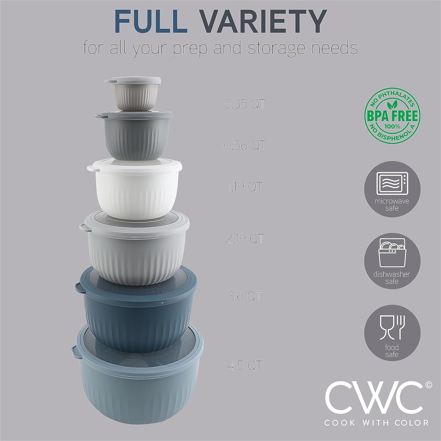 COOK WITH COLOR Prep Bowls with Lids- Wide and Deep Nesting Plastic Small Mixing Bowl Set with Lids, 12 Piece Set - Deep Bowls, Blue/Grey